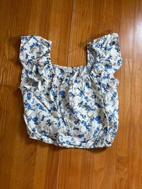 a new day Cream Floral Puff Sleeve Crop Top with Blue Print